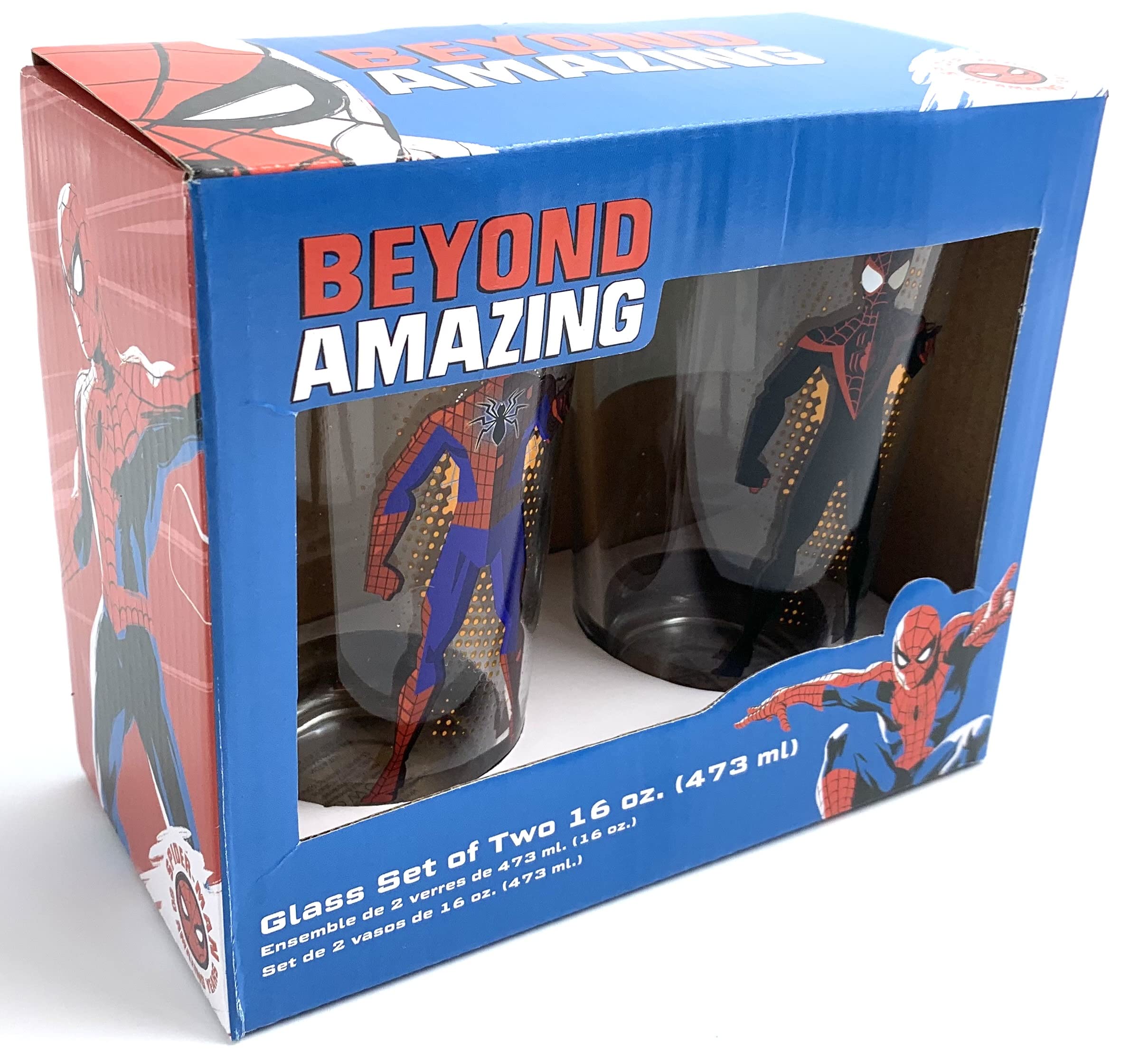 Bioworld Beyond Amazing 60th Anniversary Spider-Man 16oz Pint Glass Set, Pack of 2 Drinking Glasses