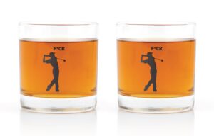 jem glass f*ck golf whiskey glasses - set of 2 - black dishwasher safe print - funny golf presents for men, women, dad, mom, husband, wife, him, her - 10.25 ounces each