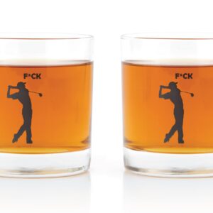 JEM GLASS F*ck Golf Whiskey Glasses - Set of 2 - Black Dishwasher Safe Print - Funny Golf Presents for Men, Women, Dad, Mom, Husband, Wife, Him, Her - 10.25 Ounces Each