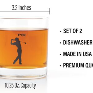 JEM GLASS F*ck Golf Whiskey Glasses - Set of 2 - Black Dishwasher Safe Print - Funny Golf Presents for Men, Women, Dad, Mom, Husband, Wife, Him, Her - 10.25 Ounces Each