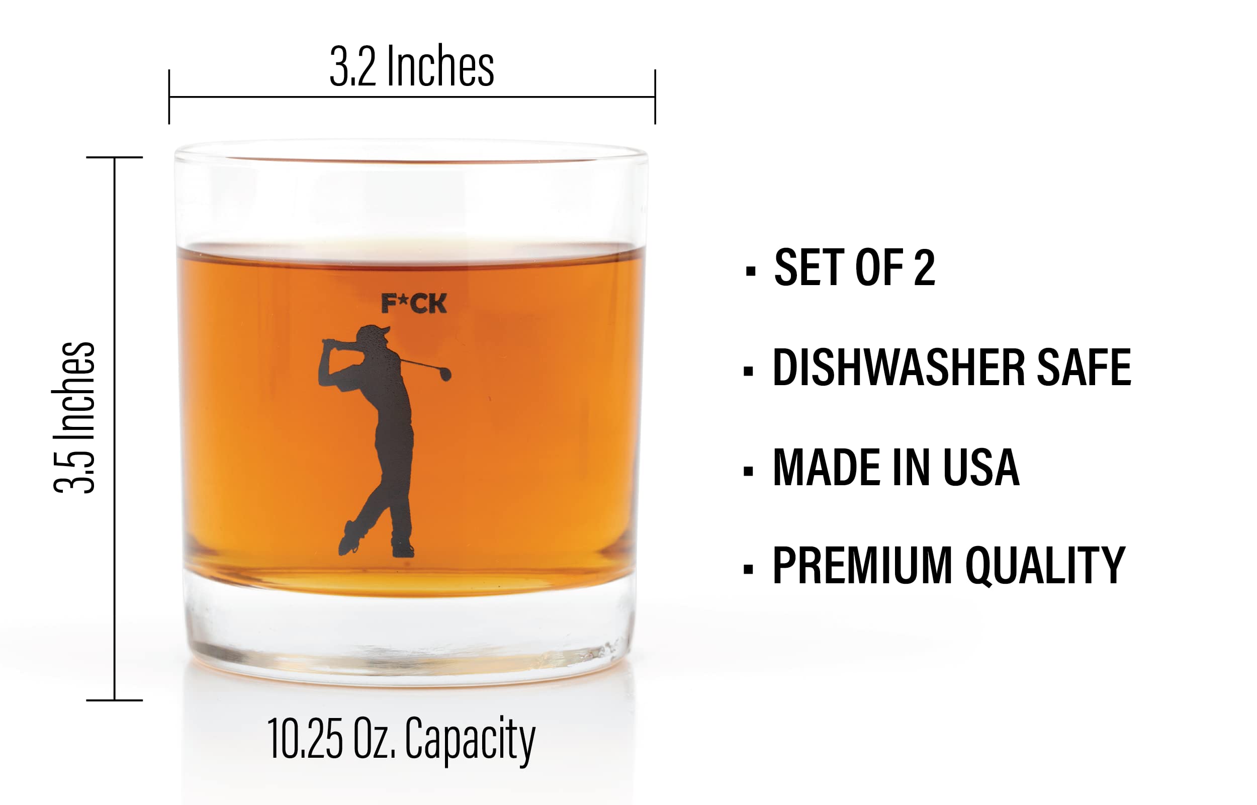 JEM GLASS F*ck Golf Whiskey Glasses - Set of 2 - Black Dishwasher Safe Print - Funny Golf Presents for Men, Women, Dad, Mom, Husband, Wife, Him, Her - 10.25 Ounces Each