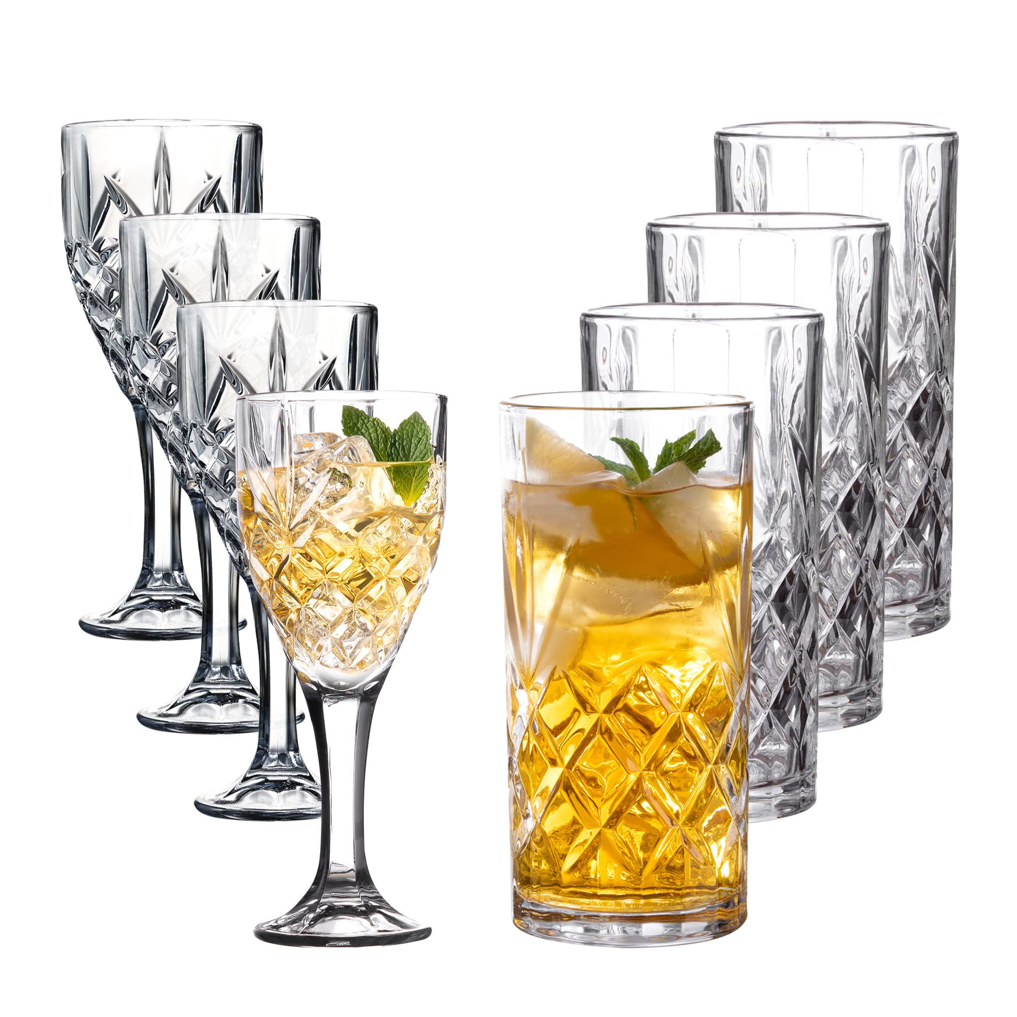 Royalty Art Kinsley Tall Highball Glasses and Win Glass Sets of 8,Textured Designer Glassware for Drinking Water, Beer, or Soda, Trendy and Elegant Dishware, Dishwasher Safe