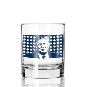 Patriots Cave Donald Trump 2024 American Flag Blue Stars Portrait | 11 oz Bourbon Whiskey Rock Glass | Old Fashioned Whiskey Tasting Glasses For Men | Gifts For Men | Made In USA