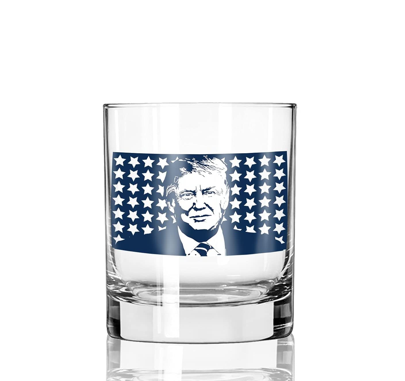 Patriots Cave Donald Trump 2024 American Flag Blue Stars Portrait | 11 oz Bourbon Whiskey Rock Glass | Old Fashioned Whiskey Tasting Glasses For Men | Gifts For Men | Made In USA