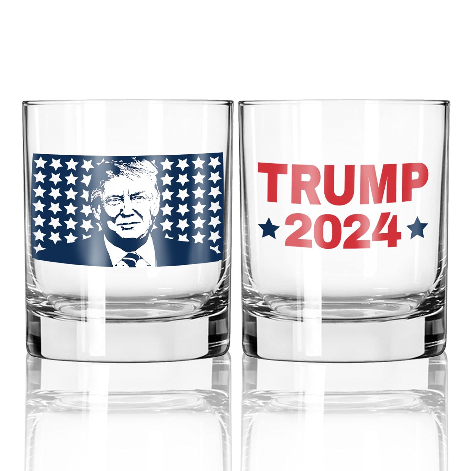 Patriots Cave Donald Trump 2024 American Flag Blue Stars Portrait | 11 oz Bourbon Whiskey Rock Glass | Old Fashioned Whiskey Tasting Glasses For Men | Gifts For Men | Made In USA