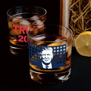 Patriots Cave Donald Trump 2024 American Flag Blue Stars Portrait | 11 oz Bourbon Whiskey Rock Glass | Old Fashioned Whiskey Tasting Glasses For Men | Gifts For Men | Made In USA