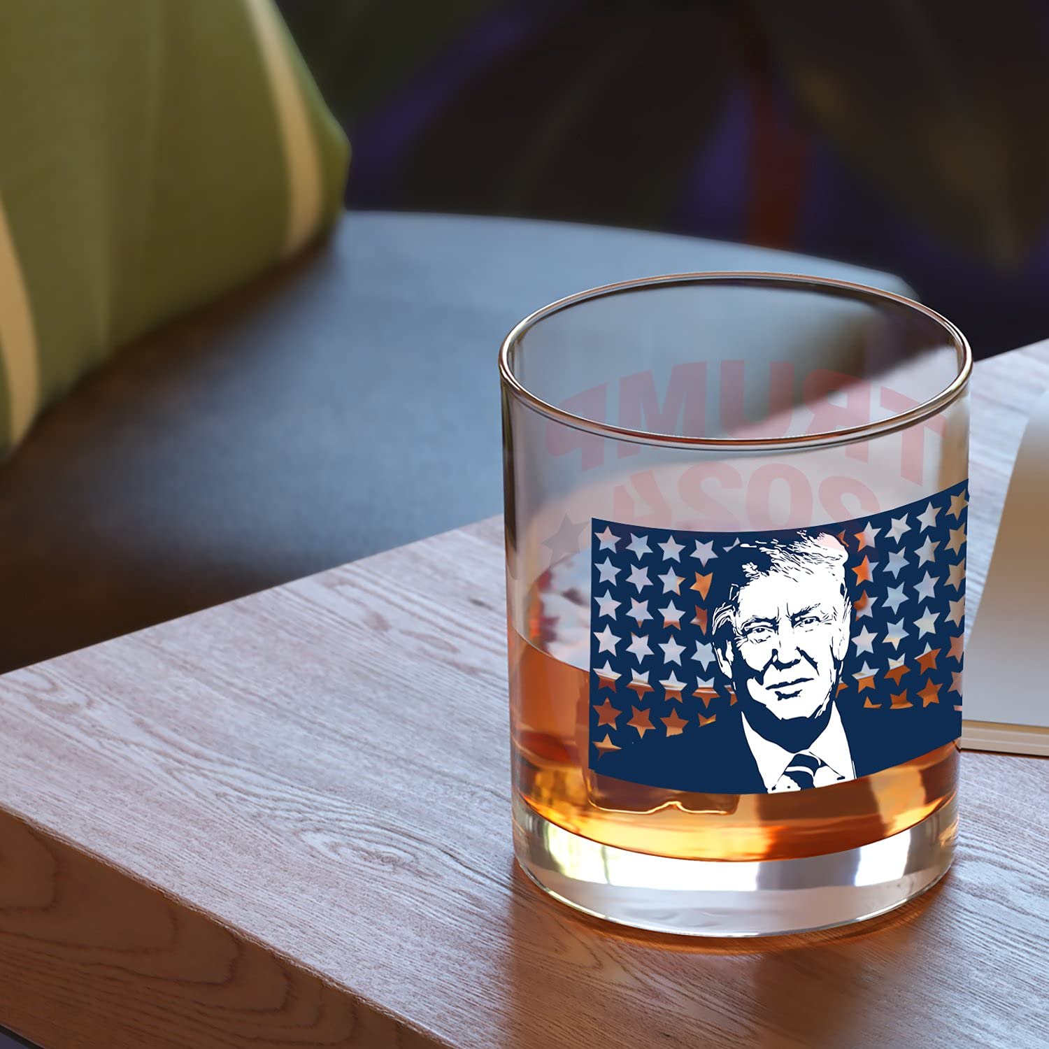 Patriots Cave Donald Trump 2024 American Flag Blue Stars Portrait | 11 oz Bourbon Whiskey Rock Glass | Old Fashioned Whiskey Tasting Glasses For Men | Gifts For Men | Made In USA