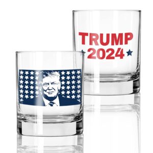 Patriots Cave Donald Trump 2024 American Flag Blue Stars Portrait | 11 oz Bourbon Whiskey Rock Glass | Old Fashioned Whiskey Tasting Glasses For Men | Gifts For Men | Made In USA