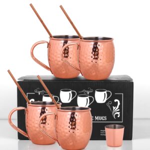 crownyard moscow mule copper mugs set of 4 (16oz) | solid 100% copper cups set w/ 4 straws,1 shot glass, 1 spoon, tarnish-resistant,wedding gift & anniversity gift for couples