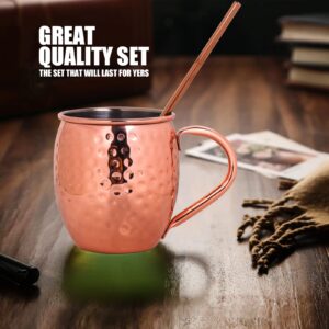 Crownyard Moscow Mule Copper Mugs Set of 4 (16oz) | Solid 100% Copper Cups Set w/ 4 Straws,1 Shot Glass, 1 Spoon, Tarnish-Resistant,Wedding Gift & Anniversity Gift for couples