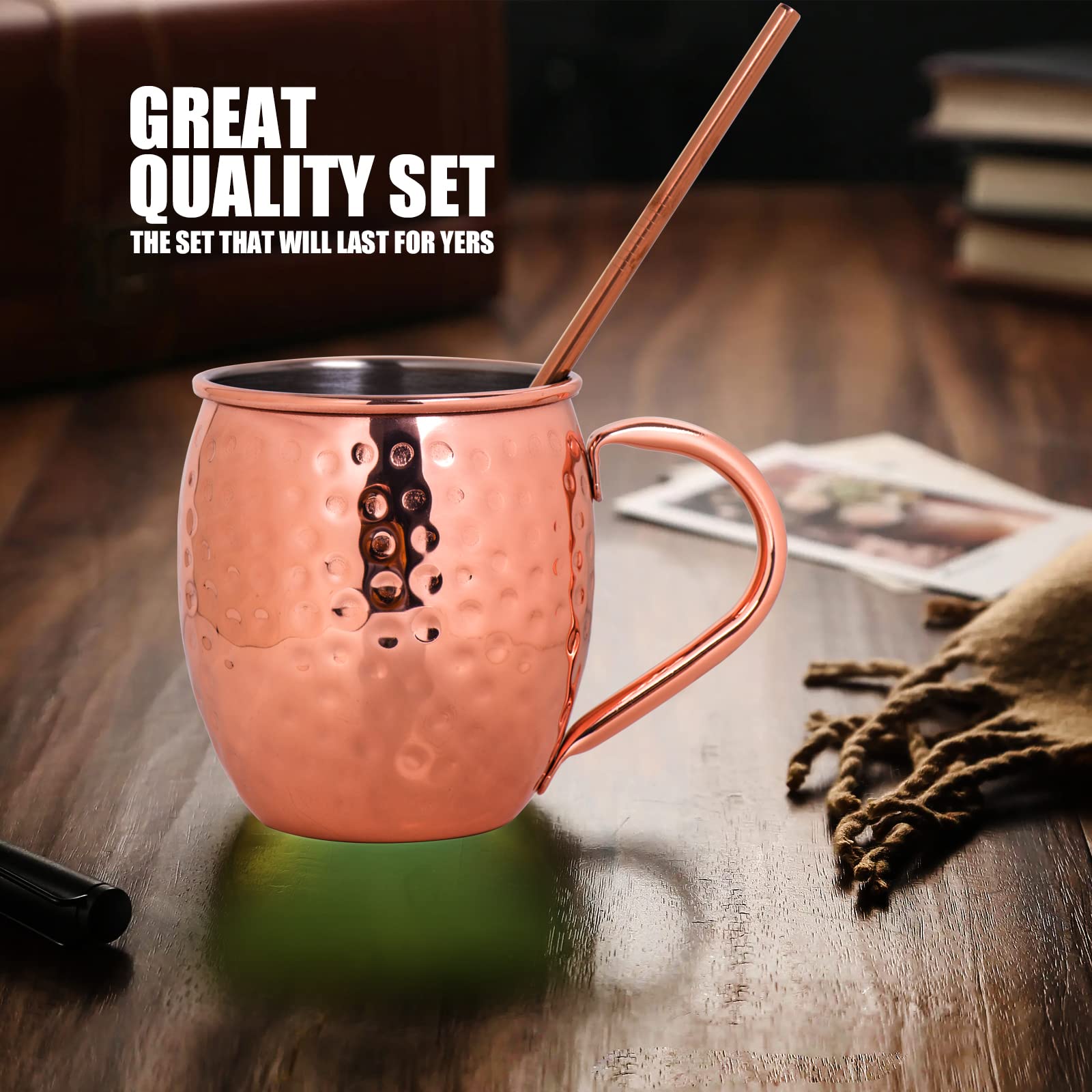 Crownyard Moscow Mule Copper Mugs Set of 4 (16oz) | Solid 100% Copper Cups Set w/ 4 Straws,1 Shot Glass, 1 Spoon, Tarnish-Resistant,Wedding Gift & Anniversity Gift for couples