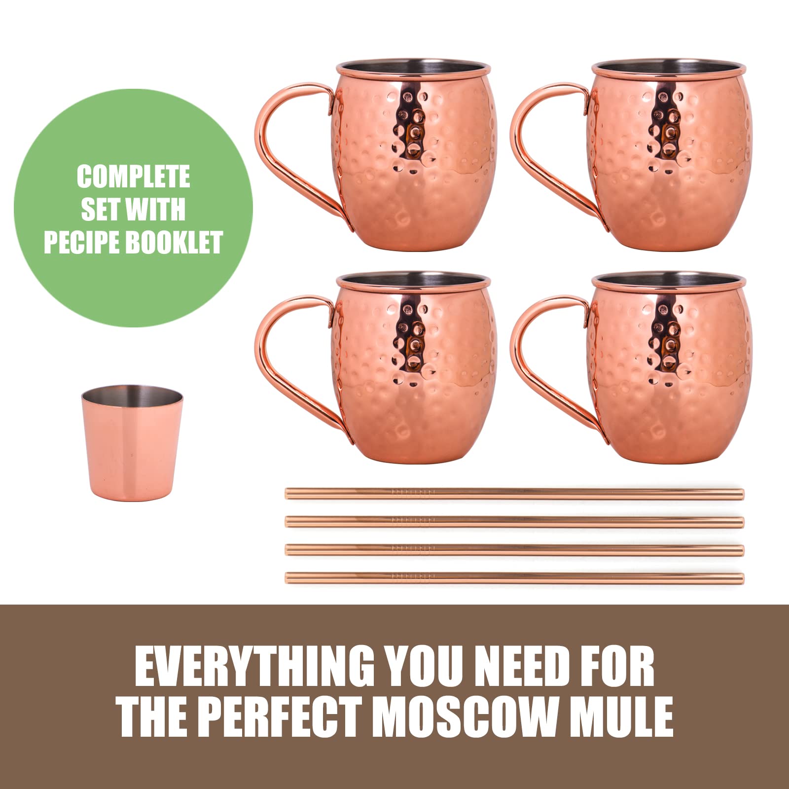 Crownyard Moscow Mule Copper Mugs Set of 4 (16oz) | Solid 100% Copper Cups Set w/ 4 Straws,1 Shot Glass, 1 Spoon, Tarnish-Resistant,Wedding Gift & Anniversity Gift for couples