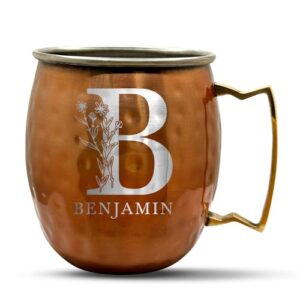 personalized custom brown mug hammered finish moscow mule with brass handle | bold earth monogram engraved bar style cup, 18 oz | single