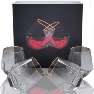 diamond whiskey glasses, 4 pcs rocks glasses gold banded cocktail drinkware for rum, scotch or wine glasses, tumblers old fashion elegant glass unique christmas new year father's day gifts (gray)