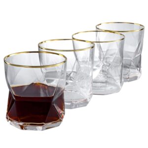 mygift set of 4 clear glass old fashioned whiskey tumblers with prismatic geometric shape design and gold rim - 11 oz