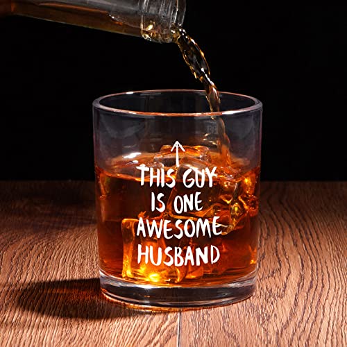 Modwnfy Funny Husband Gift Whiskey Glass, This Guy Is one Awesome Husband Old Fashioned Glass, Valentines Gift for Men Him from Wife, Birthday Idea for Hubby Husband Boyfriend, Fathers Day Christmas