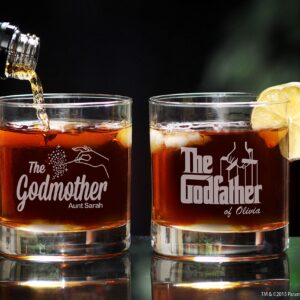 The Godfather & The Godmother Etched Whiskey Glass Set with Your Personalized Text - Officially Licensed, Premium Quality, Handcrafted Glassware, 11 oz Rocks Glass - Collectible Gift for GodParents