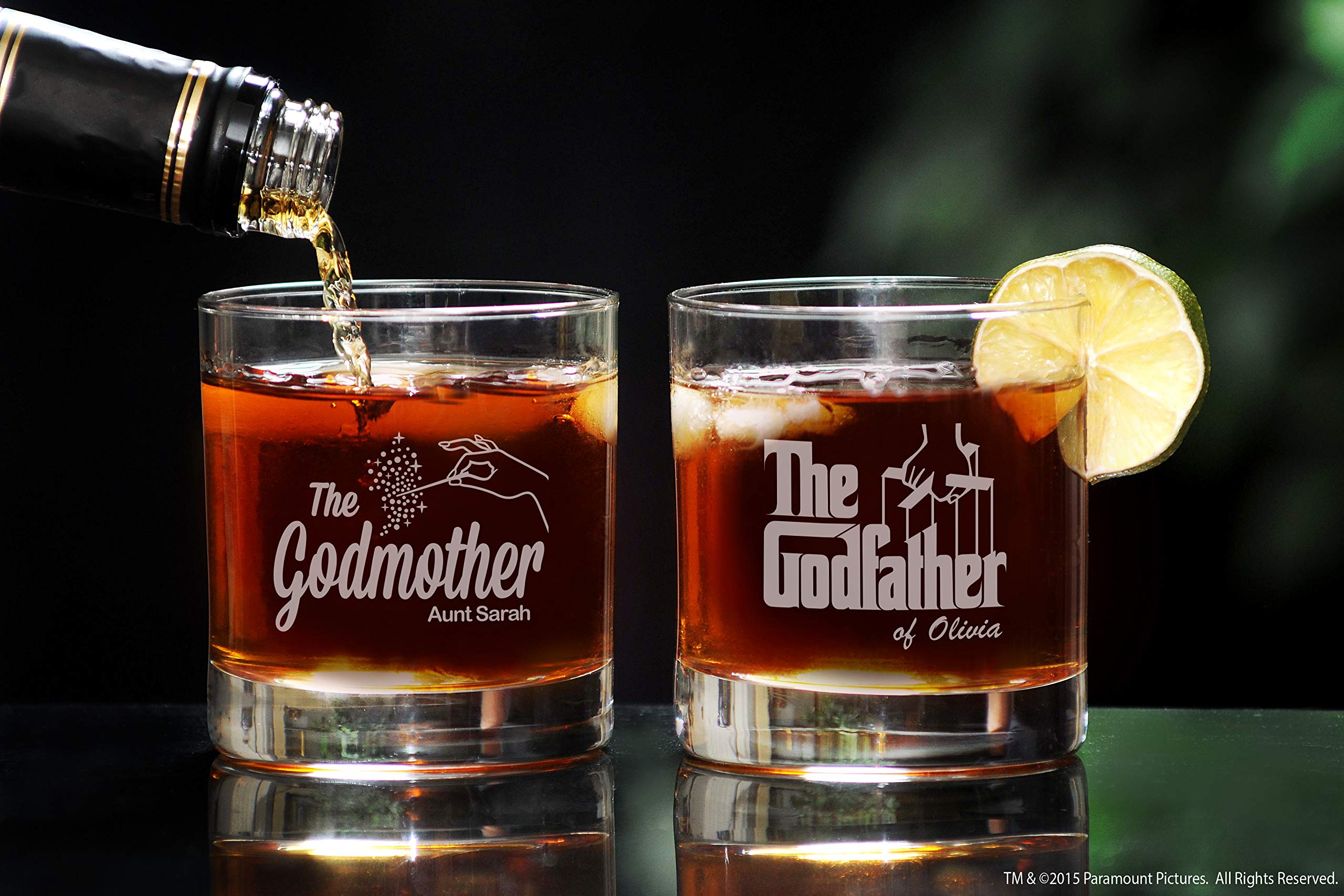 The Godfather & The Godmother Etched Whiskey Glass Set with Your Personalized Text - Officially Licensed, Premium Quality, Handcrafted Glassware, 11 oz Rocks Glass - Collectible Gift for GodParents