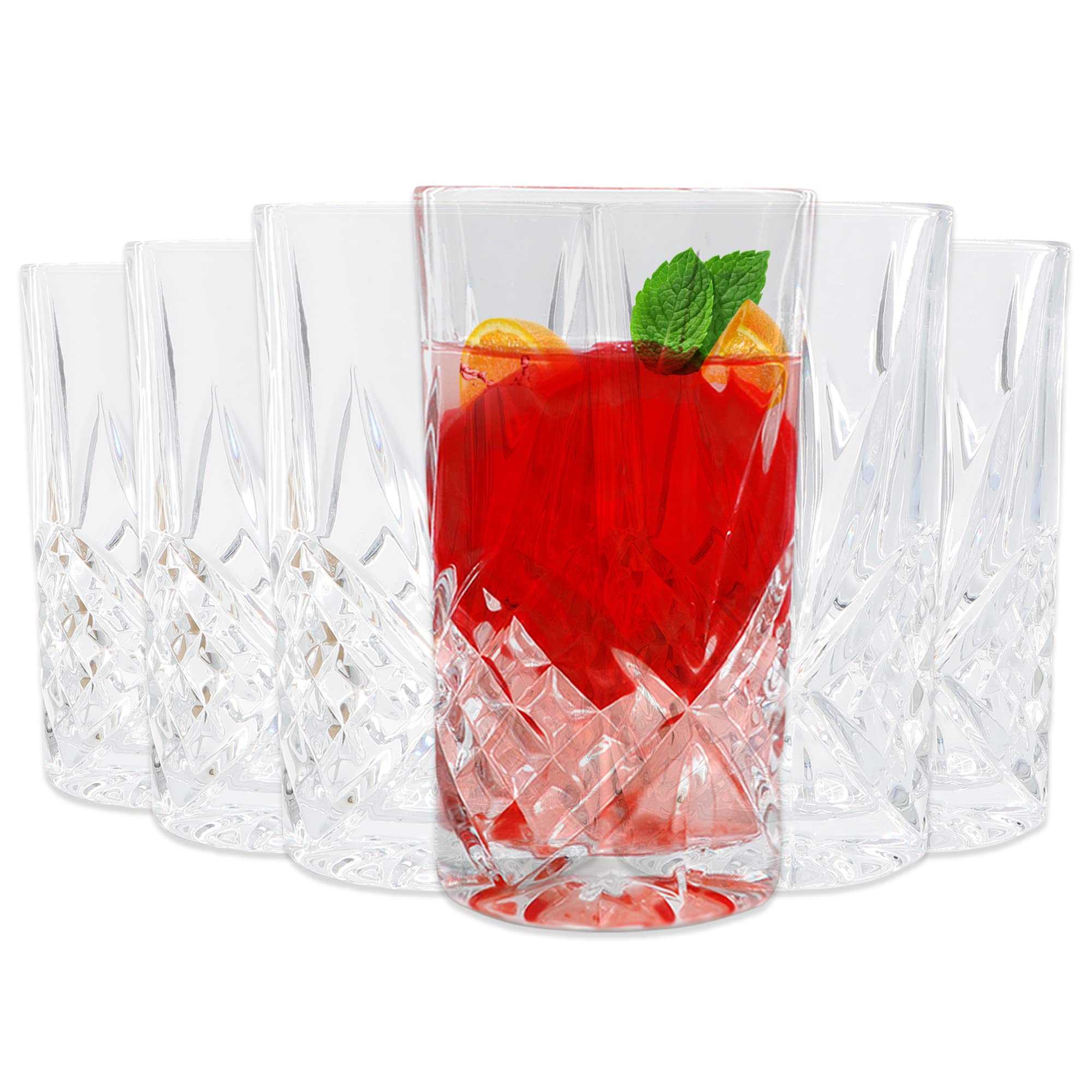 MINUTES GROUP Godinger Highball Glasses- 6pcs Tall Drinking Glasses Beverage Cups, Clear Water Glass with Heavy Weighted Base, Perfect for Juice Wine Beer Cocktails Whiskey and Mixed Drinks