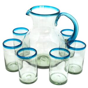 mexhandcraft aqua blue rim 120 oz pitcher and 6 drinking glasses set, recycled glass, lead-free, toxin-free (pitcher & glasses)