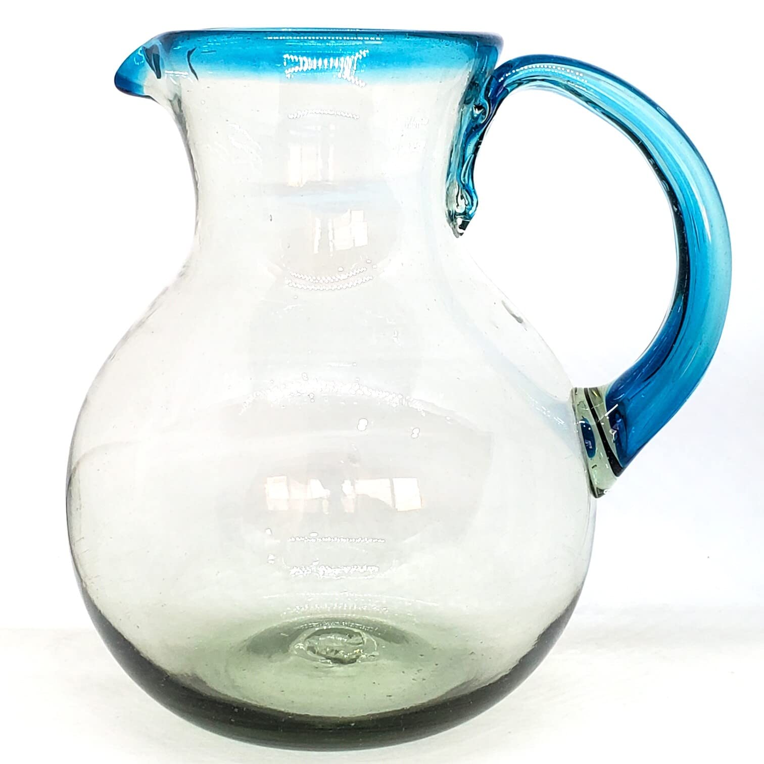 MexHandcraft Aqua Blue Rim 120 oz Pitcher and 6 Drinking Glasses set, Recycled Glass, Lead-free, Toxin-Free (Pitcher & Glasses)