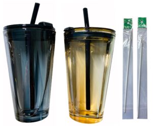 2 pack 16 ounce tumbler with lid and straw, leakproof glass cups with lids and straws, iced coffee cup silicone sleeve smoothie cup boba cup