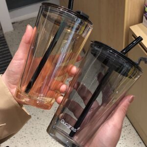 2 Pack 16 Ounce Tumbler with Lid and Straw, Leakproof Glass Cups with Lids and Straws, Iced Coffee Cup Silicone Sleeve Smoothie Cup Boba Cup