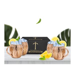 toshali moscow mule copper mugs | set of 4 hammered cocktail mugs | 1 shot glass | pure copper plated stainless steel lined moscow mule | cocktail drinking mugs set of 4 | gift set
