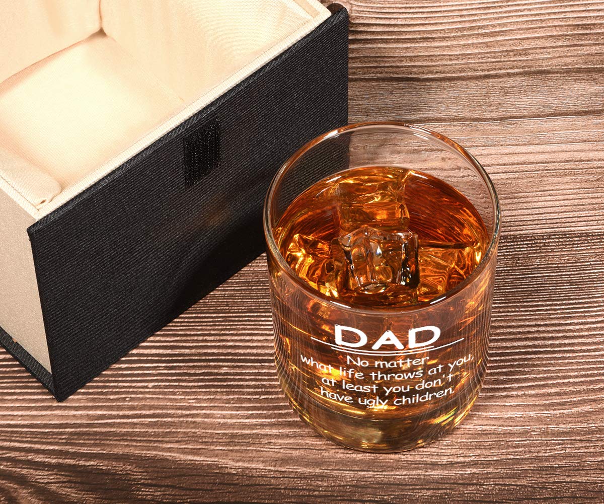 Triwol Funny Birthday Gifts for Dad from Daughter Son Kids, Dad No Matter What/Ugly Children Whiskey Glass Gift for Men Set, Novelty Father's Day Present Ideas for Father, Bourbon Scotch Glass Gift