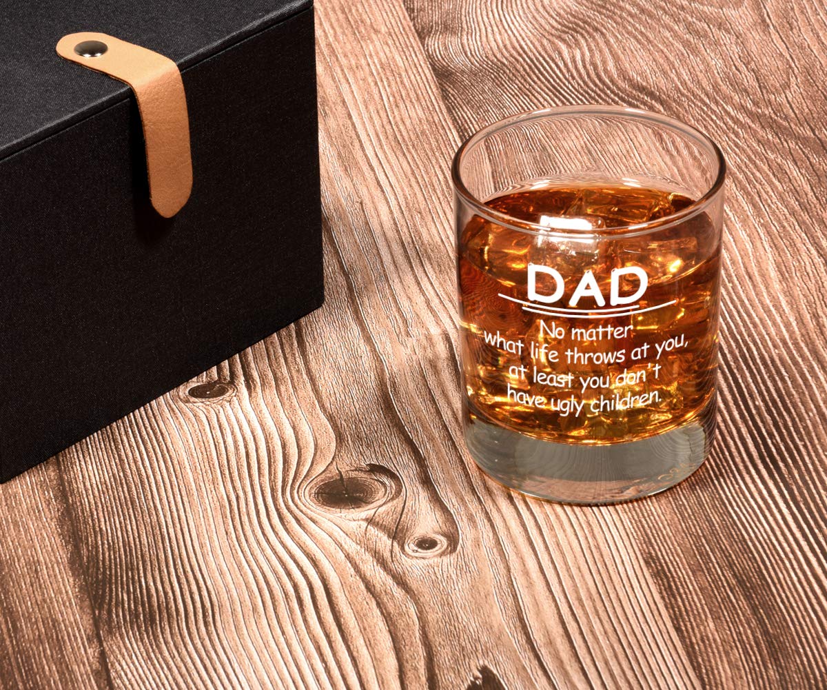 Triwol Funny Birthday Gifts for Dad from Daughter Son Kids, Dad No Matter What/Ugly Children Whiskey Glass Gift for Men Set, Novelty Father's Day Present Ideas for Father, Bourbon Scotch Glass Gift