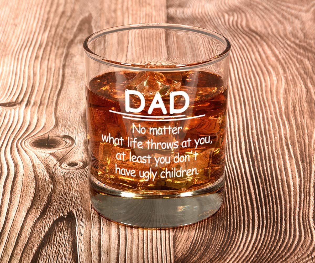 Triwol Funny Birthday Gifts for Dad from Daughter Son Kids, Dad No Matter What/Ugly Children Whiskey Glass Gift for Men Set, Novelty Father's Day Present Ideas for Father, Bourbon Scotch Glass Gift