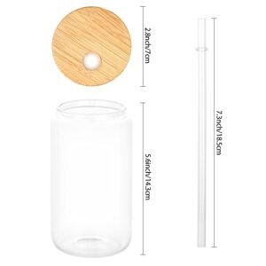 Nukeekee Drinking Glasses with Bamboo Lids and Glass Straw 4pcs Set - 16oz Can Shaped Glass Cups, Beer Glasses, Iced Coffee Glasses, Cute Tumbler Cup, Ideal for Cocktail, Whiskey, Gift