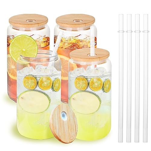 Nukeekee Drinking Glasses with Bamboo Lids and Glass Straw 4pcs Set - 16oz Can Shaped Glass Cups, Beer Glasses, Iced Coffee Glasses, Cute Tumbler Cup, Ideal for Cocktail, Whiskey, Gift