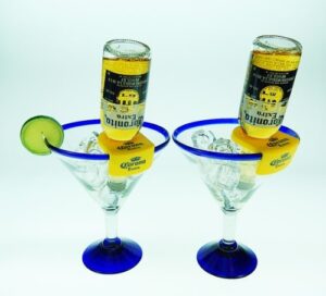 mexican glass margarita blue rim 20 oz with coronarita clips/corona beer holders (set of 2)