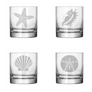 set of 4 glass 11 oz rocks whiskey highball sea shells sea shore collection