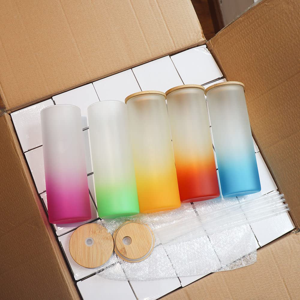 ZREGGUR 25 oz Sublimation Glass with Bamboo Lid, 25 Pack Frosted Sublimation Beer Can Glass, Gradient Color Material, Suitable for Beer, Juice, Ice Water, Drinks, Etc.…