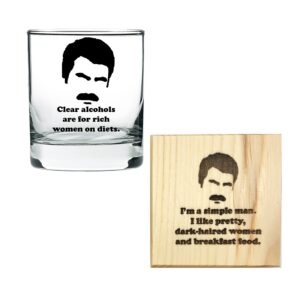 ron swanson rocks glass and coaster: clear alcohols are for rich women on diets, i'm a simple man, funny ron swanson quote, parks and rec fan engraved barware drinking glass, engraved black finish