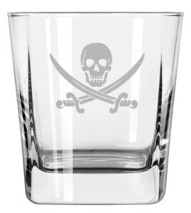 12 oz square base rocks whiskey double old fashioned glass jolly roger pirate
