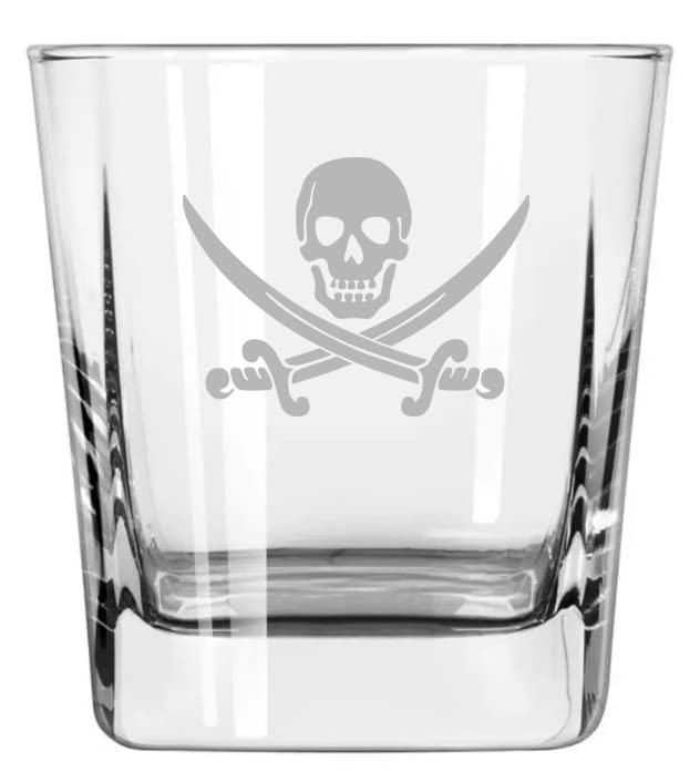 12 oz Square Base Rocks Whiskey Double Old Fashioned Glass Jolly Roger Pirate