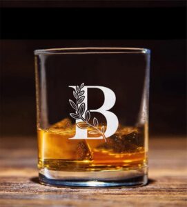 floral monogram ' b ' whiskey glass - letter a-z engraved - stemless whiskey glass - gifts for dad - mother's day - gift for mom - gifts for coworkers