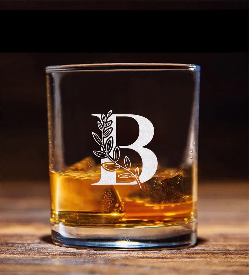 Floral Monogram ' B ' Whiskey Glass - Letter A-Z Engraved - Stemless Whiskey Glass - Gifts For Dad - Mother's Day - Gift For Mom - Gifts For Coworkers