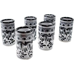 marey mexican pottery shot glasses | talavera poblana | talavera pottery | set of 6 pieces | 100% handmade | tequila cups (black & white, 2 oz.)
