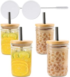 glass cups set(4 pack) 16oz wide mouth mason jar drinking glasses with lids & straws & 2 sealing lids, reusable boba bottle, iced coffee glasses, travel tumbler for bubble tea, juice
