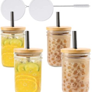 Glass Cups Set(4 Pack) 16oz Wide Mouth Mason Jar Drinking Glasses with Lids & Straws & 2 sealing Lids, Reusable Boba Bottle, Iced Coffee Glasses, Travel Tumbler for Bubble Tea, Juice