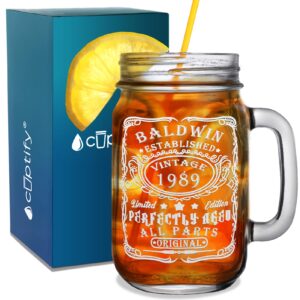 cuptify personalized beer glass 34th birthday perfectly aged 34 years old 1989 etched mason jar glass 16 oz drinking glasses with handle