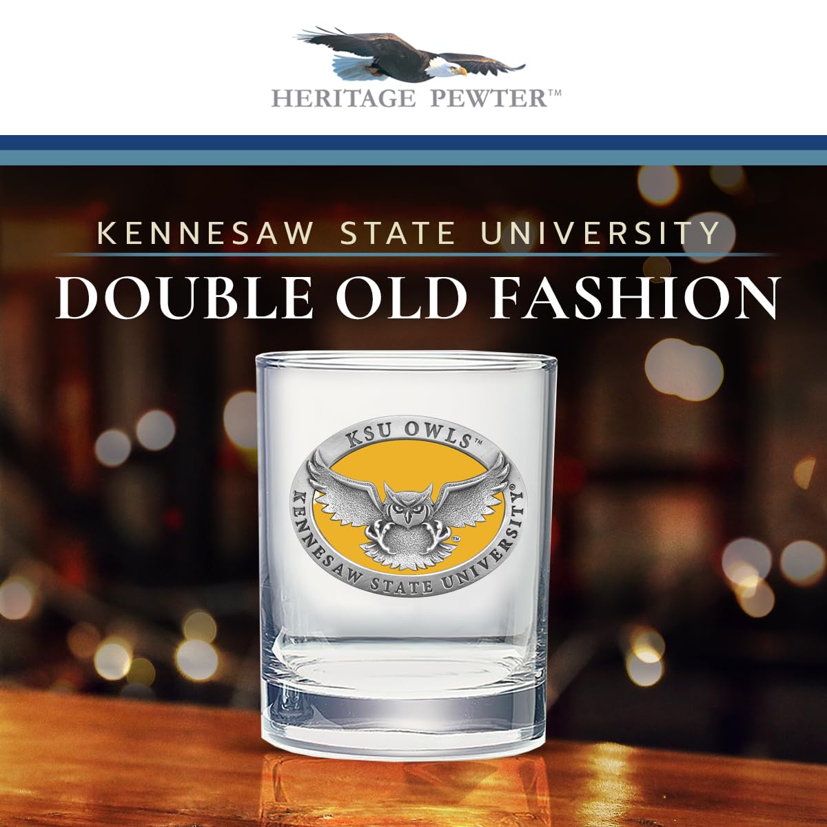 Heritage Pewter Kennesaw State Double Old Fashion | Double Rocks Glass 14 OZ for Liquor | Expertly Crafted Pewter Glass