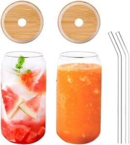 renococo beer can glass with bamboo lids and glass straws, 2 pack 16oz drinking glasses,can shaped glass cups,iced coffee cup, beer glasses,clear glass cup ideal for water, soda,tea,wine