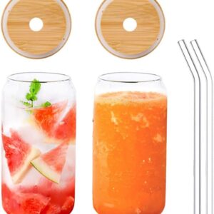 Renococo Beer Can Glass with Bamboo Lids and Glass Straws, 2 Pack 16oz Drinking Glasses,Can Shaped Glass Cups,Iced Coffee Cup, Beer Glasses,Clear Glass Cup Ideal for Water, Soda,Tea,Wine