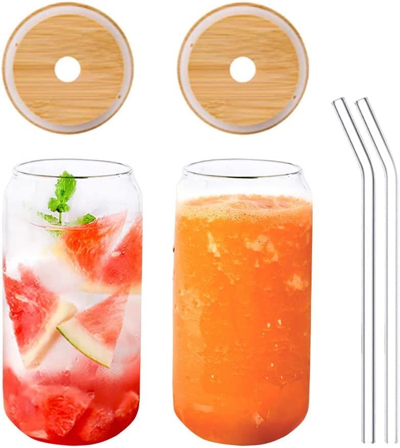 Renococo Beer Can Glass with Bamboo Lids and Glass Straws, 2 Pack 16oz Drinking Glasses,Can Shaped Glass Cups,Iced Coffee Cup, Beer Glasses,Clear Glass Cup Ideal for Water, Soda,Tea,Wine