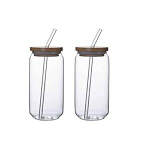 Renococo Beer Can Glass with Bamboo Lids and Glass Straws, 2 Pack 16oz Drinking Glasses,Can Shaped Glass Cups,Iced Coffee Cup, Beer Glasses,Clear Glass Cup Ideal for Water, Soda,Tea,Wine